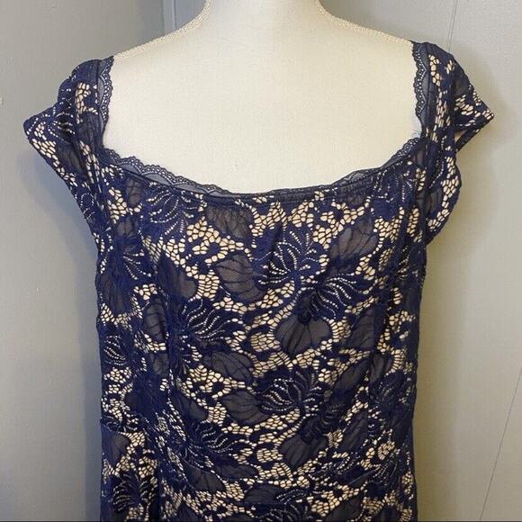 B.DARLIN Nude Tulle Formal Dress Sapphire Blue Lace Overlay Fringe Hem - Picture 5 of 10